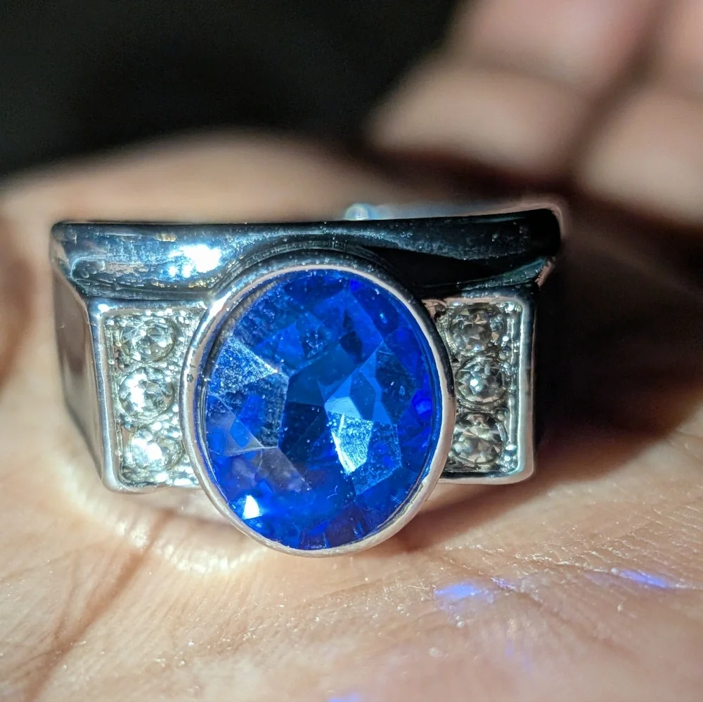 Elegant Silvery and Blue Men's Gemstone Ring Sz 8